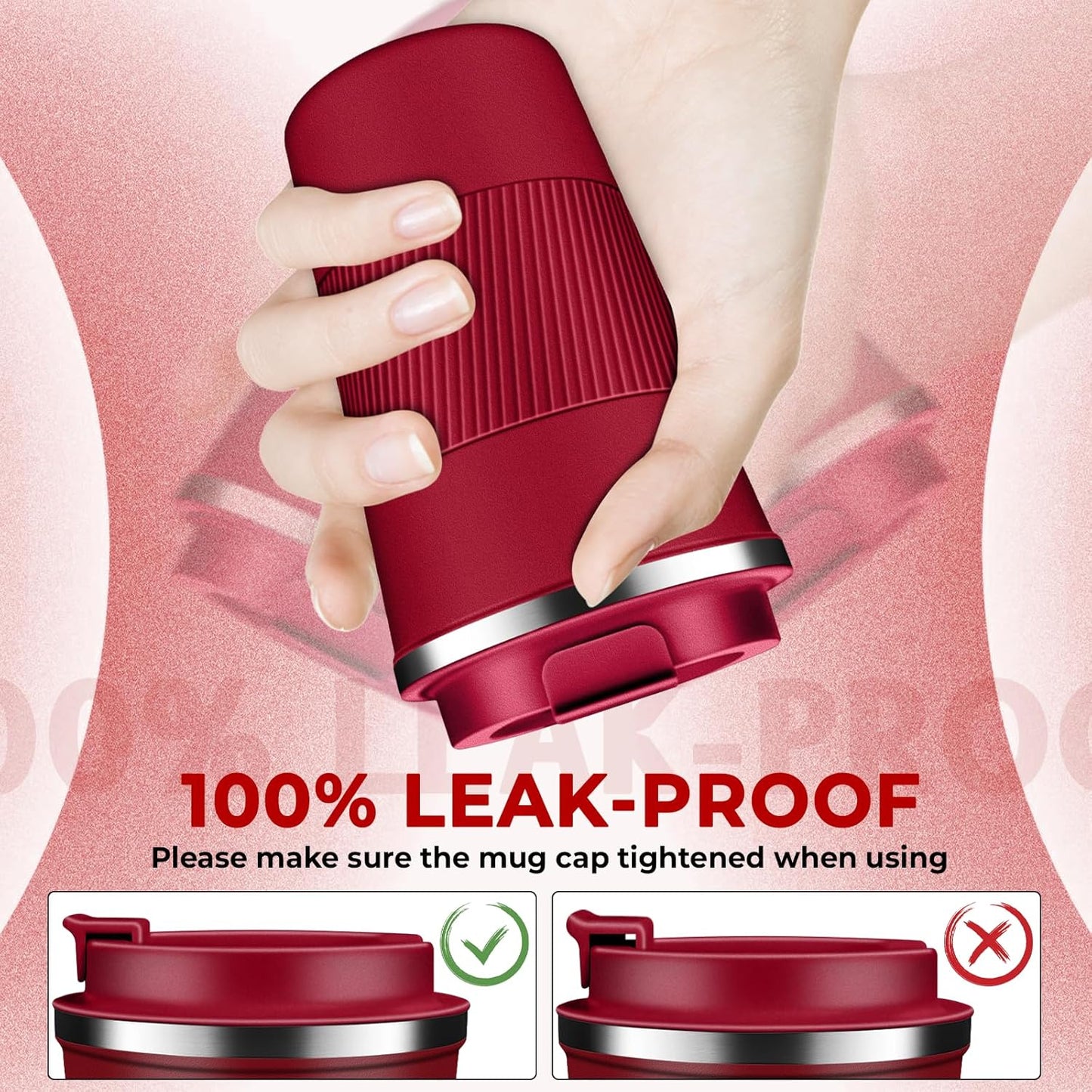 Insulated Coffee Tumbler 12 oz, Stainless Steel Coffee Mug with Lids, Travel Coffee Mug Leak Proof, Double Wall Vacuum Insulated Reusable Coffee Cup, Keep Drinks Hot and Cold (Red, 12 Ounces)