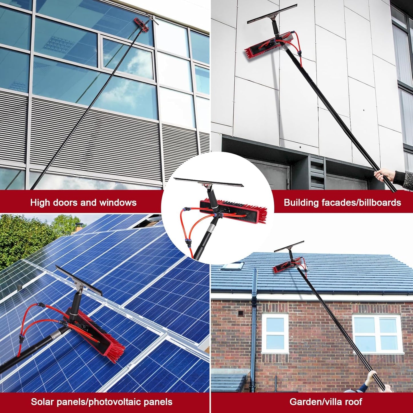26ft Water Fed Pole Kit, Rotatable Solar Panel Cleaning Brush & Squeegee, 2 Dusting Brushes, Extendable Black Lightweight Pole for Roof Window
