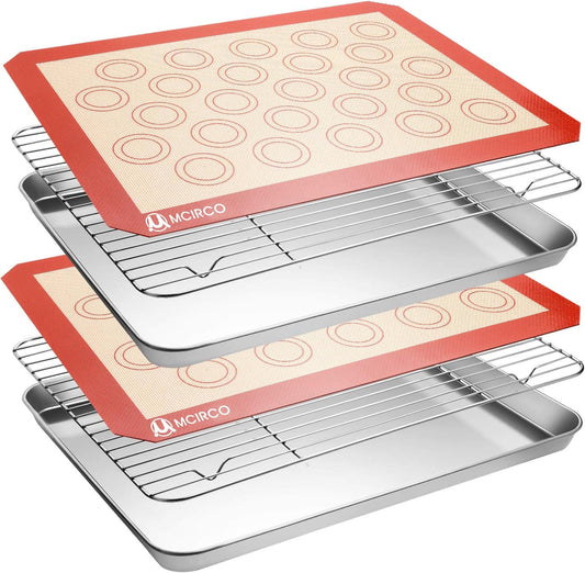 Stainless Steel Baking Sheet Tray Cooling Rack with Silicone Baking Mat Set, Cookie Pan with Cooling Rack, Set of 6 (2 Sheets + 2 Racks + 2 Mats), Size 16 x 12 x 1 Inch, Easy Clean