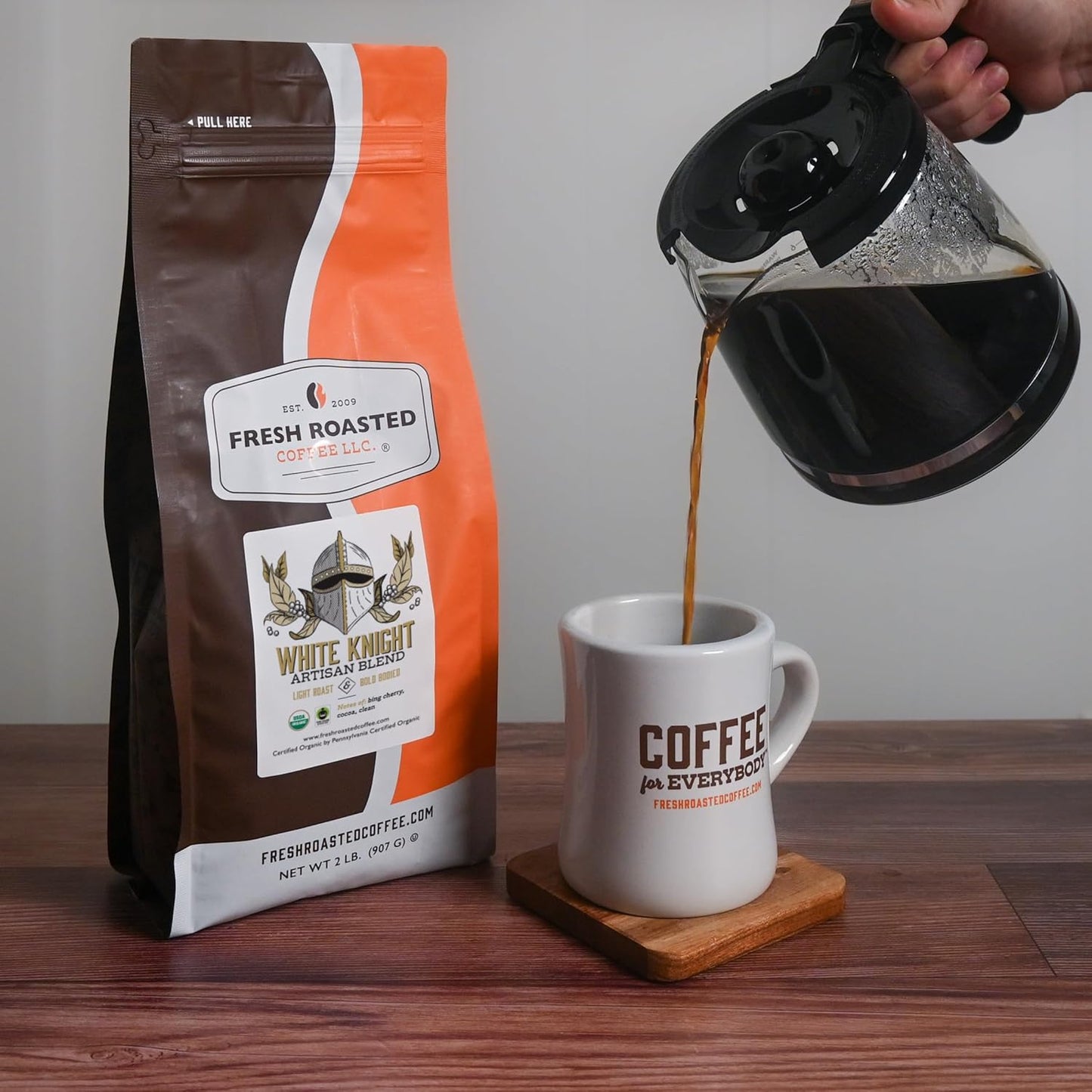 Fresh Roasted Coffee, Organic White Knight | USDA Organic, Kosher | Light Roast 5 lb (80 oz), Ground