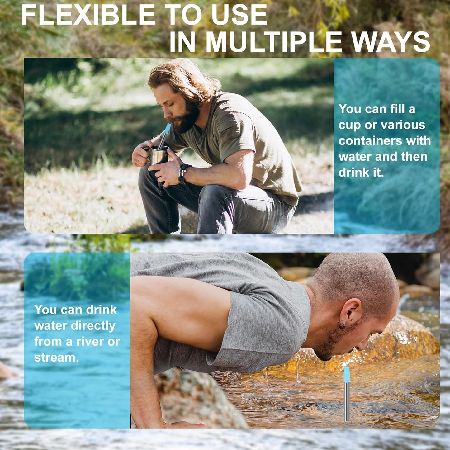 Personal Water Filter Straw, Reusable Stainless Steel Water Filter Drinking Straw Portable Outdoor Emergency Survival Gear for Hiking, Camping, Travel, Hunting & Fishing (Large)