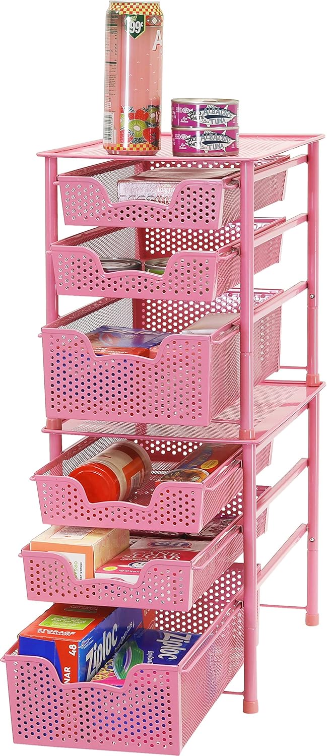 Simple Houseware Stackable 3 Tier Sliding Basket Organizer Drawer, Pink
