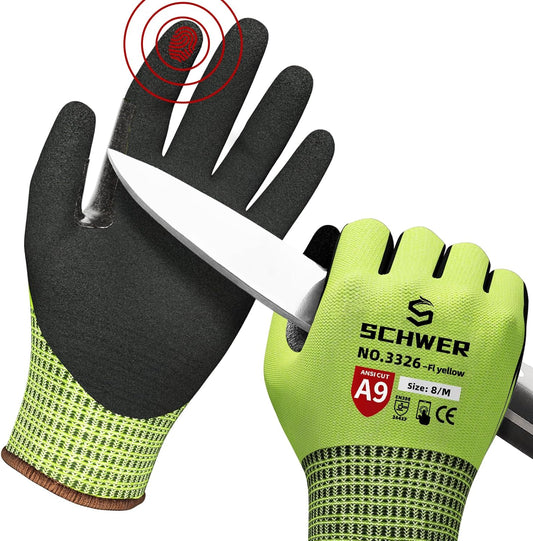 Schwer ProGuard Highest Level Cut Resistant Work Gloves PR3326 for Extreme Protection，ANSI A9 Cut Gloves with Reinforced Thumb, Non Slip, Breathable, Durable, Touch-screen, Non PFAS, Yellow 1 Pair（M）