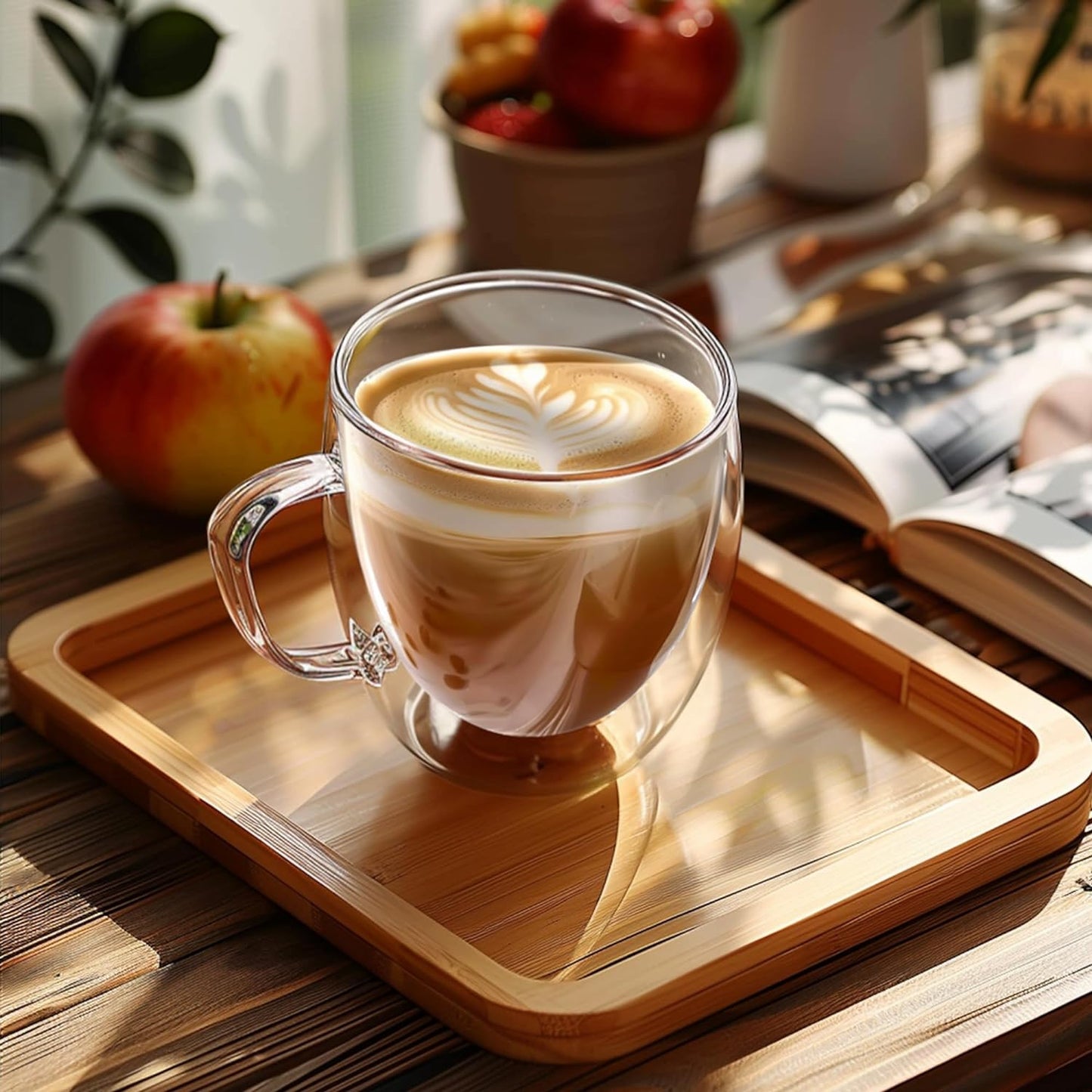 Set of 4 Double Walled Glass Coffee Mugs 8 Ounces Insulated Layer Coffee Cups with Handle Borosilicate Glass Espresso Cup for Hot Beverage,Cappuccino,Tea,Latte,Wine,Microwave Safe