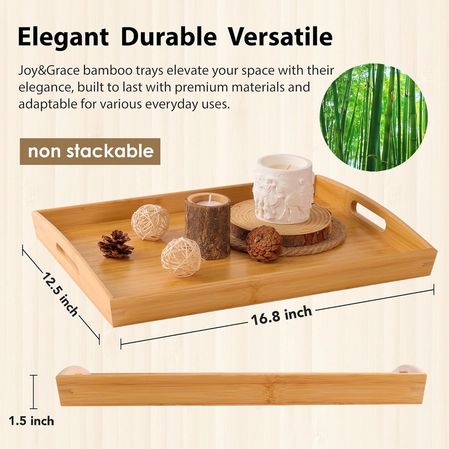 Joy&Grace Bamboo Serving Tray with Handles, Dinner Food Tray for Bed Breakfast Eating and Serving, for Coffee Table Ottoman TV, Decorative Wood Large Charcuterie Platter 16.8 x 12.5 inch 1 Pack