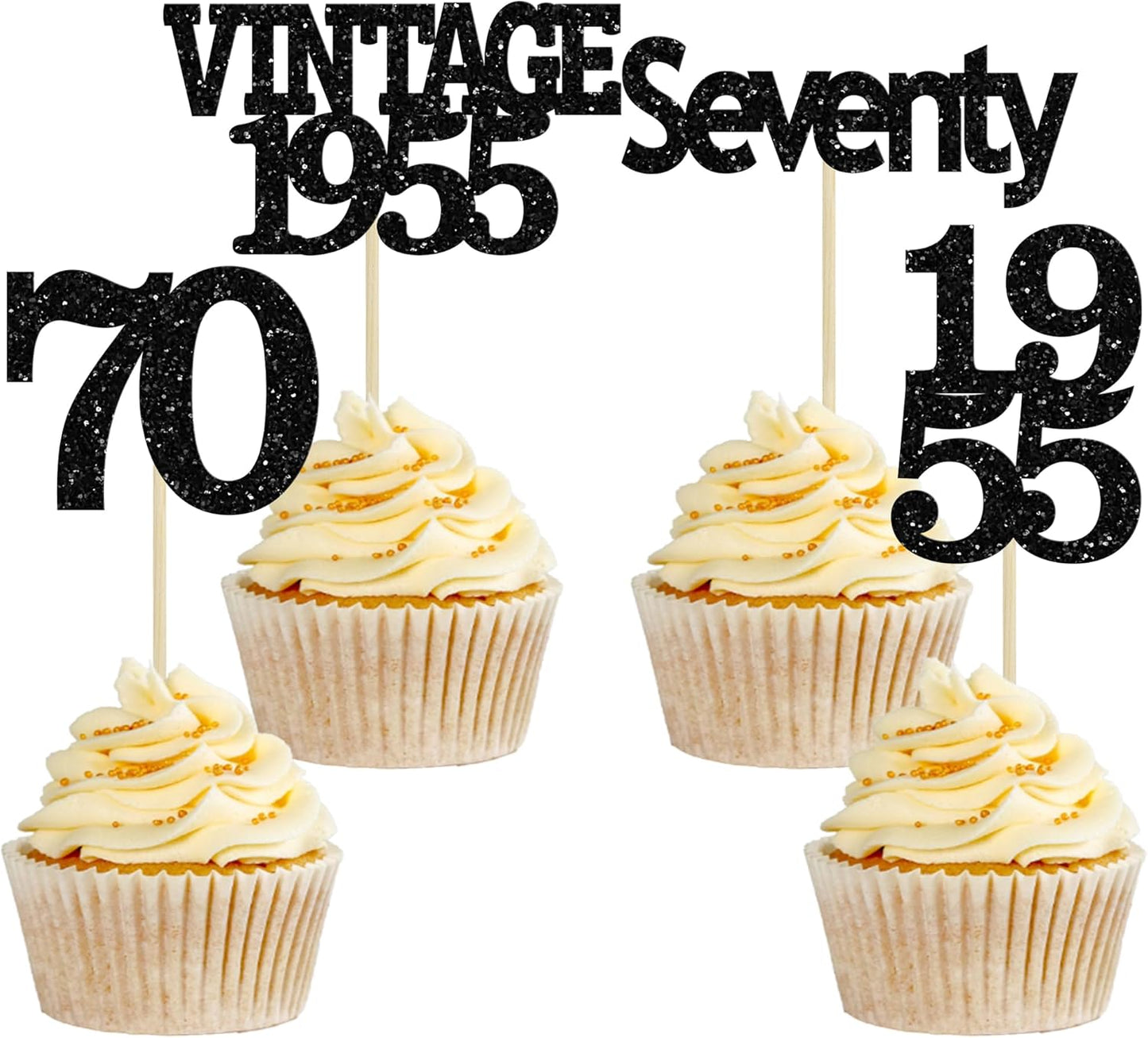 Gyufise 24Pcs Vintage 1955 Cupcake Toppers Glitter Cheers to 70 Fabulous Seventy Cupcake Picks 70th Birthday Wedding Anniversary Party Cake Decorations Supplies Black