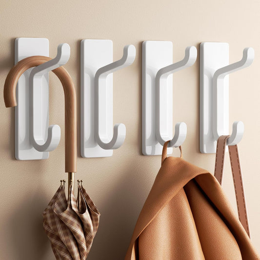 Wall Hooks for Coat and Towel: 13LB Adhesive Door Hanger Stick on, White 4 Pack