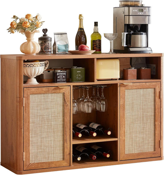 Lerliuo 47.2" Rattan Wine & Liquor Cabinet with 2 Doors, Boho Farmhouse Coffee Bar Station, Built-in Wine Racks & Storage, Adjustable Shelves for Living Room, Dining Room, Kitchen, Tea Brown
