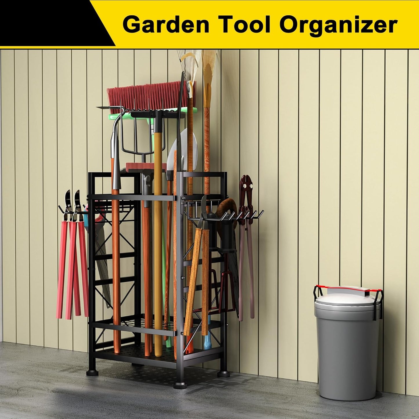 GIOTORENT 3 Tier Metal Garden Tool Organizer - Heavy Duty Yard Storage for Up to 78 Tools, Indoor/Outdoor Garage Patio Shed Organization - Black