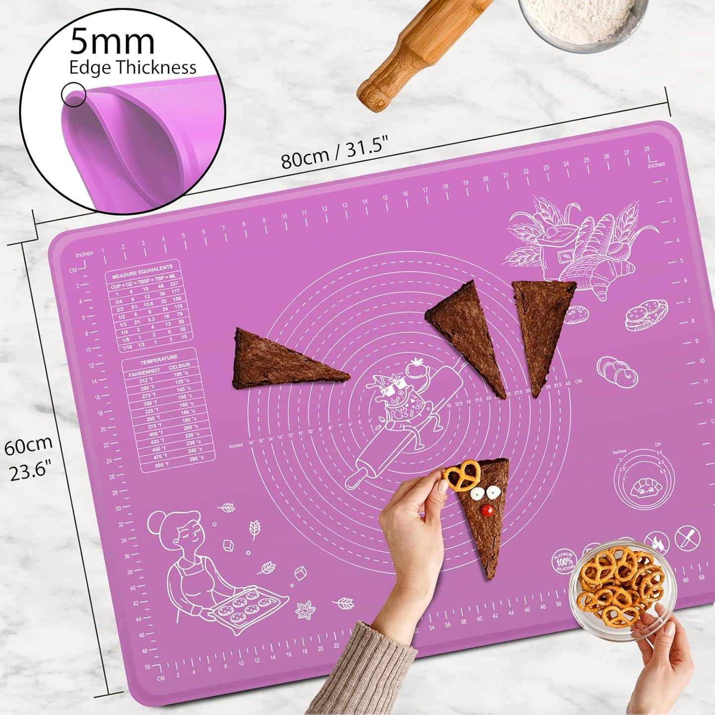 Silicone Baking Mat 32" x 24" Extra Thickness Dough Rolling Mat with Measurements and Edge Heightening, Non-stick Food Grade Silicone Pastry Mat for Pastry, Bread, Cookies, Pizza, Fondant, Pasta
