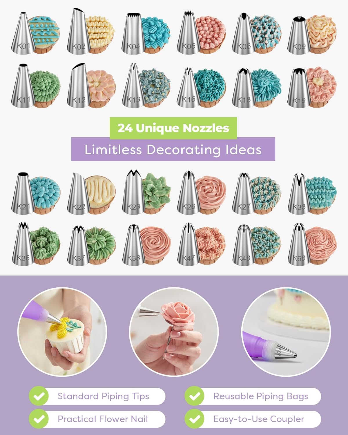 Kootek 32-Piece Piping Bags and Tips Set with 24 Icing Piping Tips, 2 Reusable Pastry Bags 12 Inch, Reusable Piping Icing Bags and Tips, Cake Decorating Kit for Frosting Cookie, Cupcake