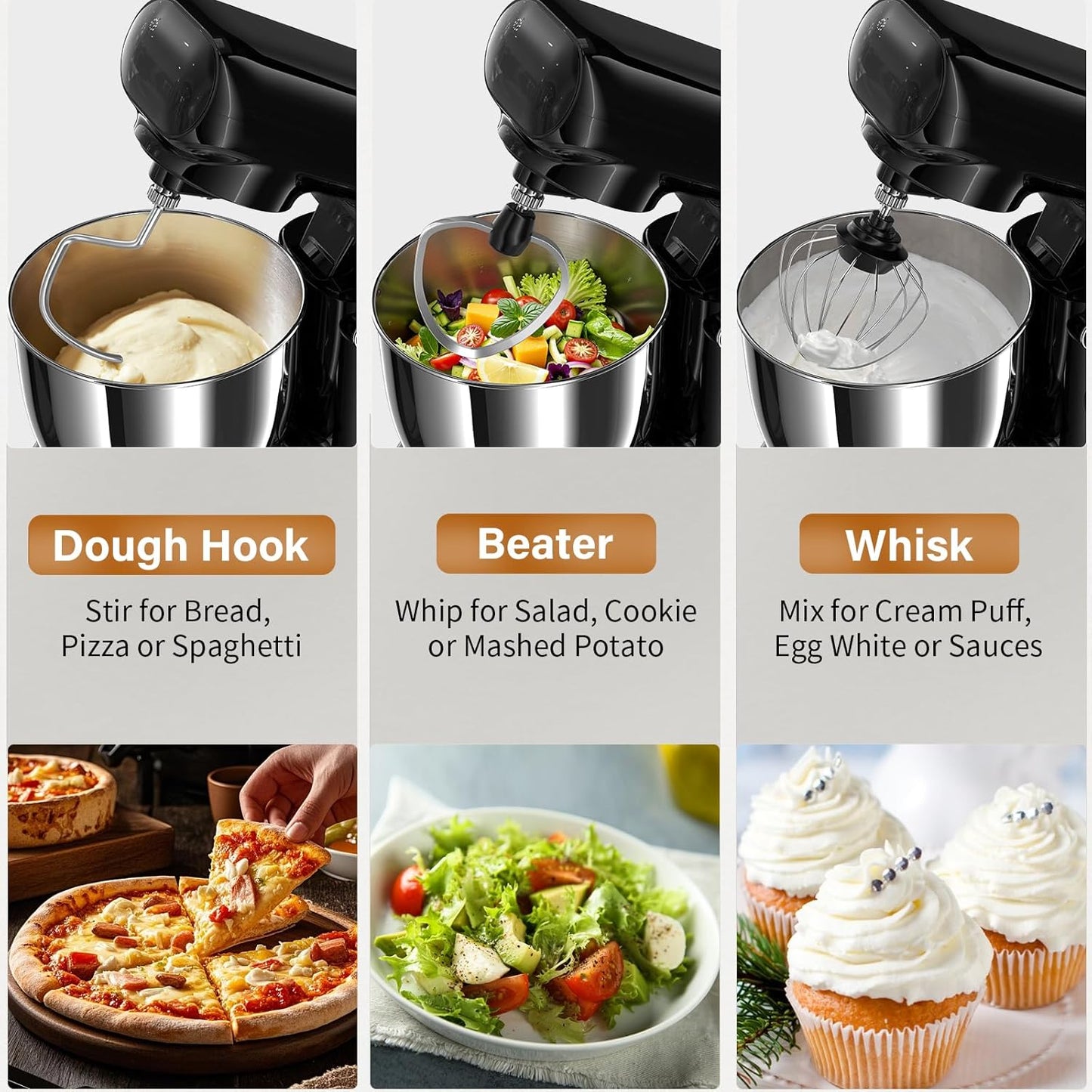 Stand Mixer with 3QT+3.5QT Dual Bowls, 10-Speed Electric 300W Food Mixer - Includes Egg Whisk, Dough Hook & Flat Beater for Home Baking & Daily Cooking (Black)