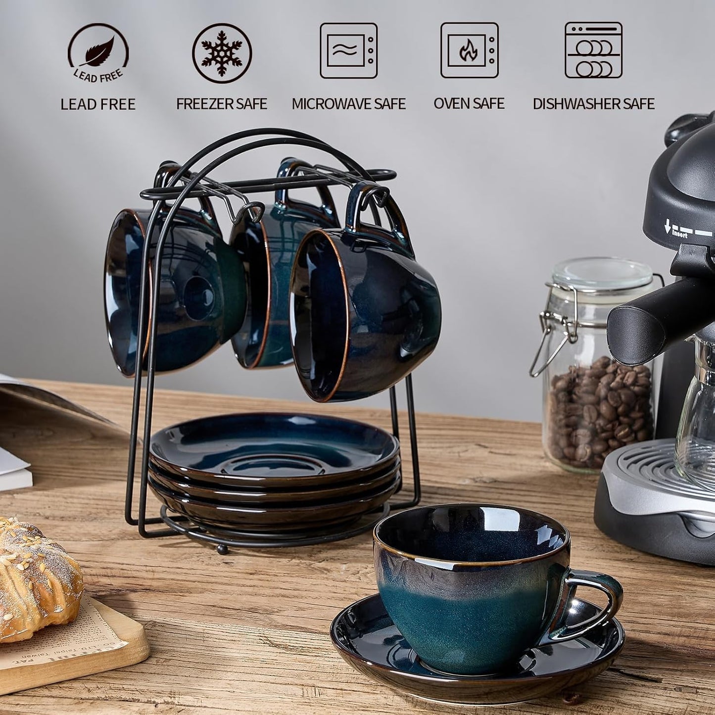 SIDUCAL Espresso Cups Set of 4 [8oz] Porcelain Coffee Cups with Saucers and Holder,Latte Cups- Latte Art Cup - Microwave/Dishwasher Safe,Espresso Demitasse Cups(Blue and Green)