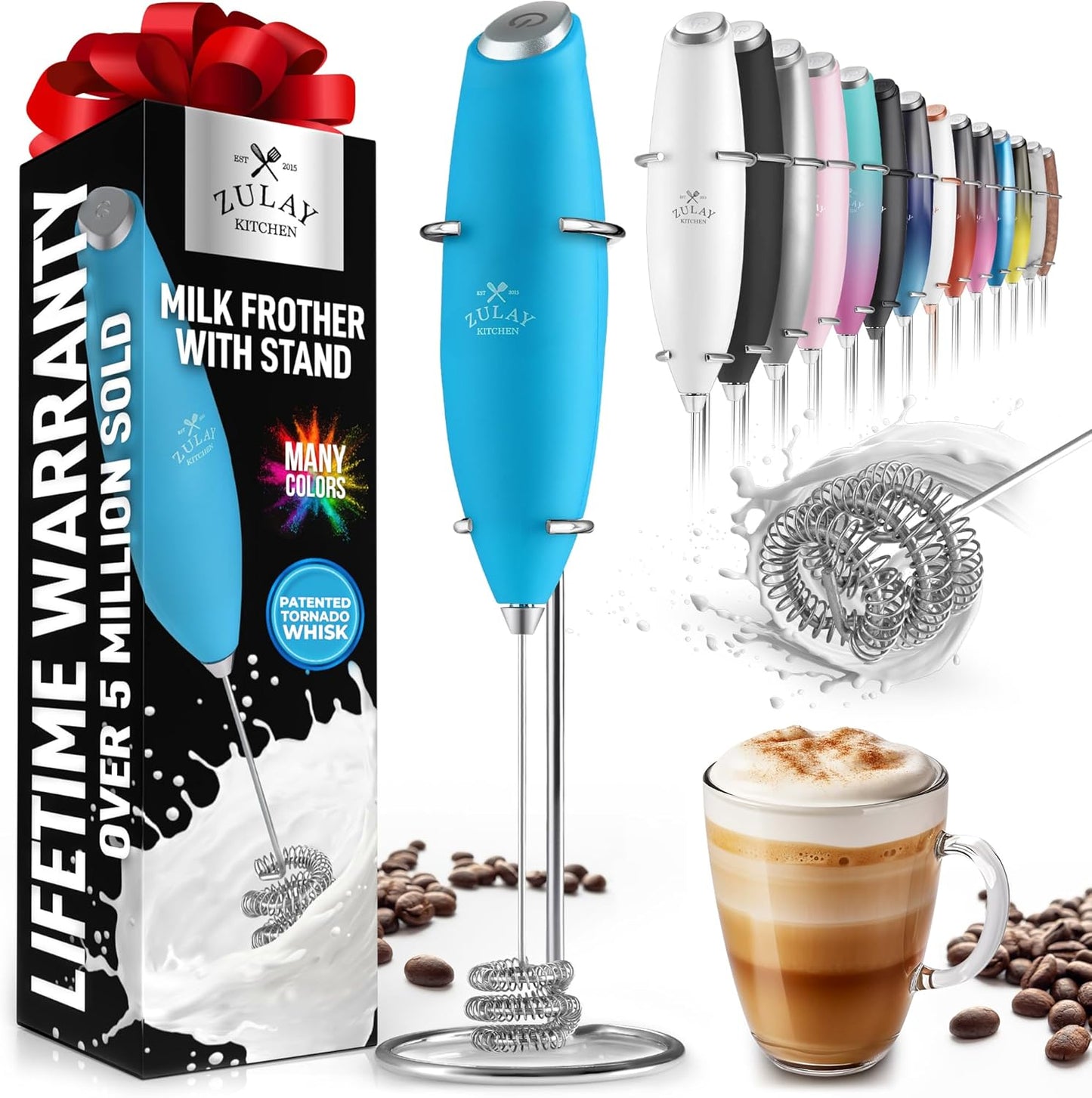 Zulay Kitchen Milk Frother with Patented Tornado Triple Whisk – Handheld Foam Maker for Coffee, Lattes, Matcha & Hot Chocolate – Rich, Creamy Froth in Seconds -