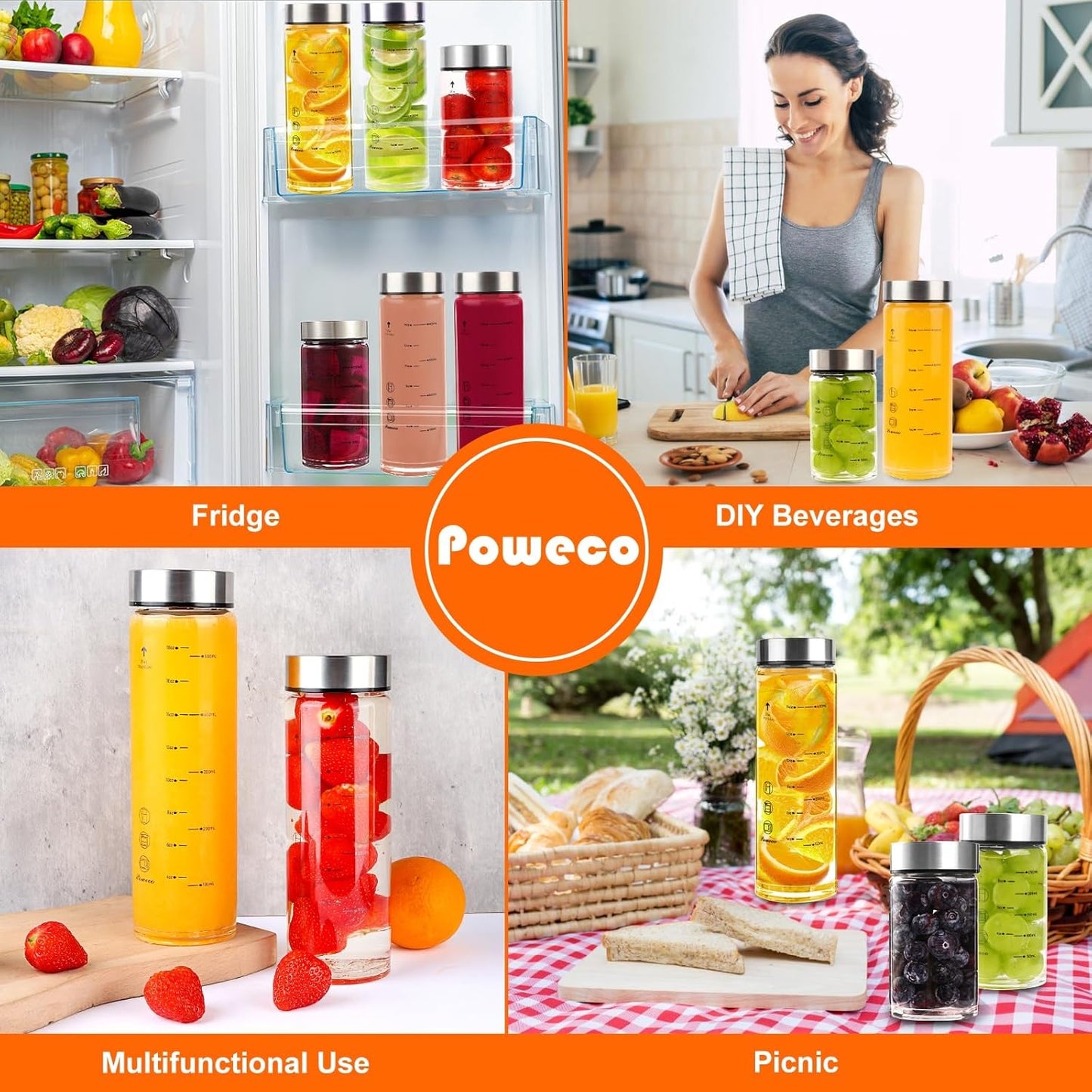 Glass Juice Bottles 6 Pack 16 oz - Wide Mouth Glass Water Bottles with Lids - for Juicing, Protein, Smoothie, Milk, Reusable, BPA Free, Stainless Steel Lids, Blender, Shaker Bottle [16oz/500ml]