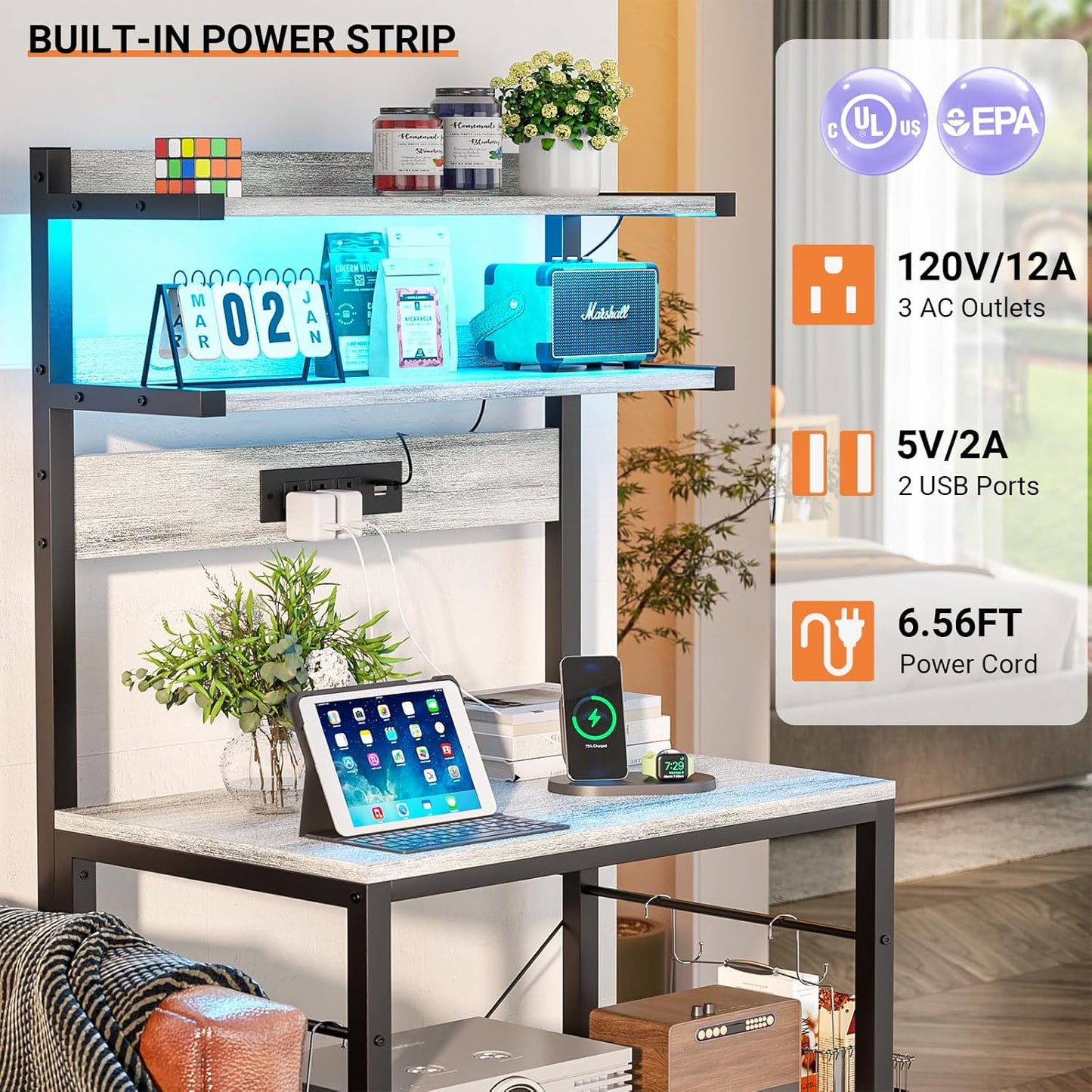 Aheaplus Bakers Rack with Power Outlet, Microwave Stand, 5 Tiers Coffee Bar Station with Led Lights, Kitchen Storage Shelf with 6 S-Shaped Hooks, Kitchen Rack for Spices, Pots and Pans, White Oak