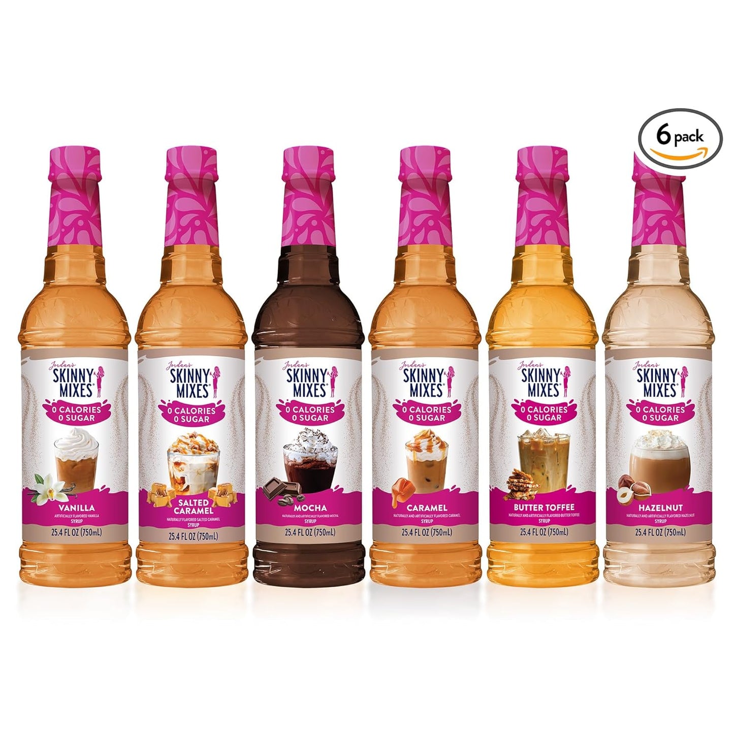 Jordan's Skinny Syrups Sugar Free Coffee Syrup, Vanilla, Salted Caramel, Hazelnut, Mocha, Butter Toffee, and Caramel Syrups, Zero Calorie Flavoring, 25.4 Fl Oz (Pack of 6), Sampler Variety Pack