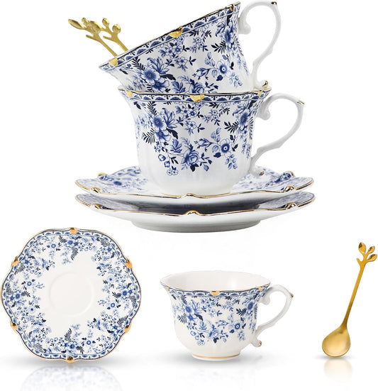 TATSUMI Country Roses Bone China Tea Cup and Saucer Set, 6 Pieces, Vintage Style, For Women and Tea Parties（QH, 2 SETS）