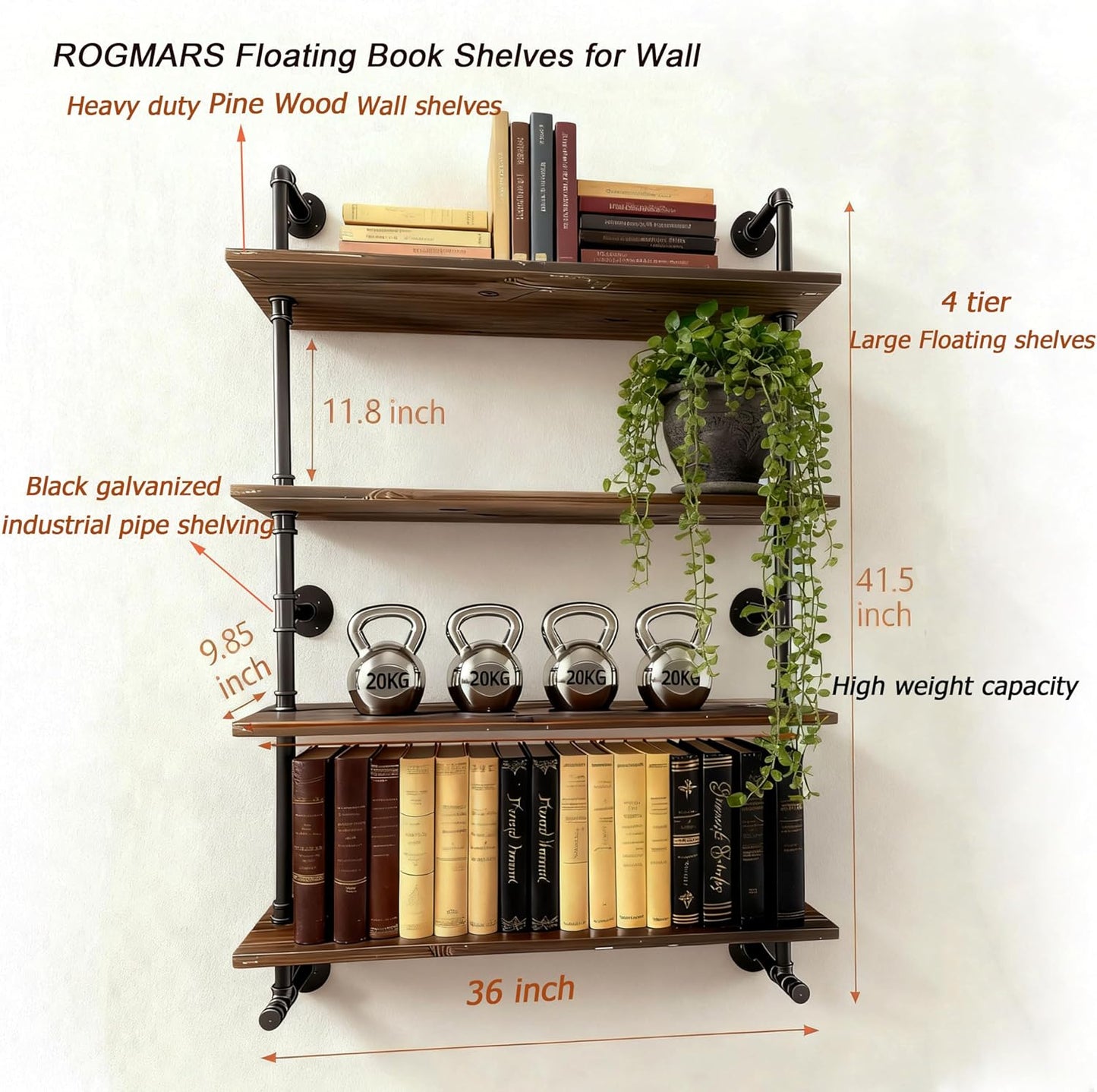 Floating Shelves for Wall,Solid Wood Shelves Industrial Pipe Shelving 36inch for Wall Decor,Kitchen,Living Room
