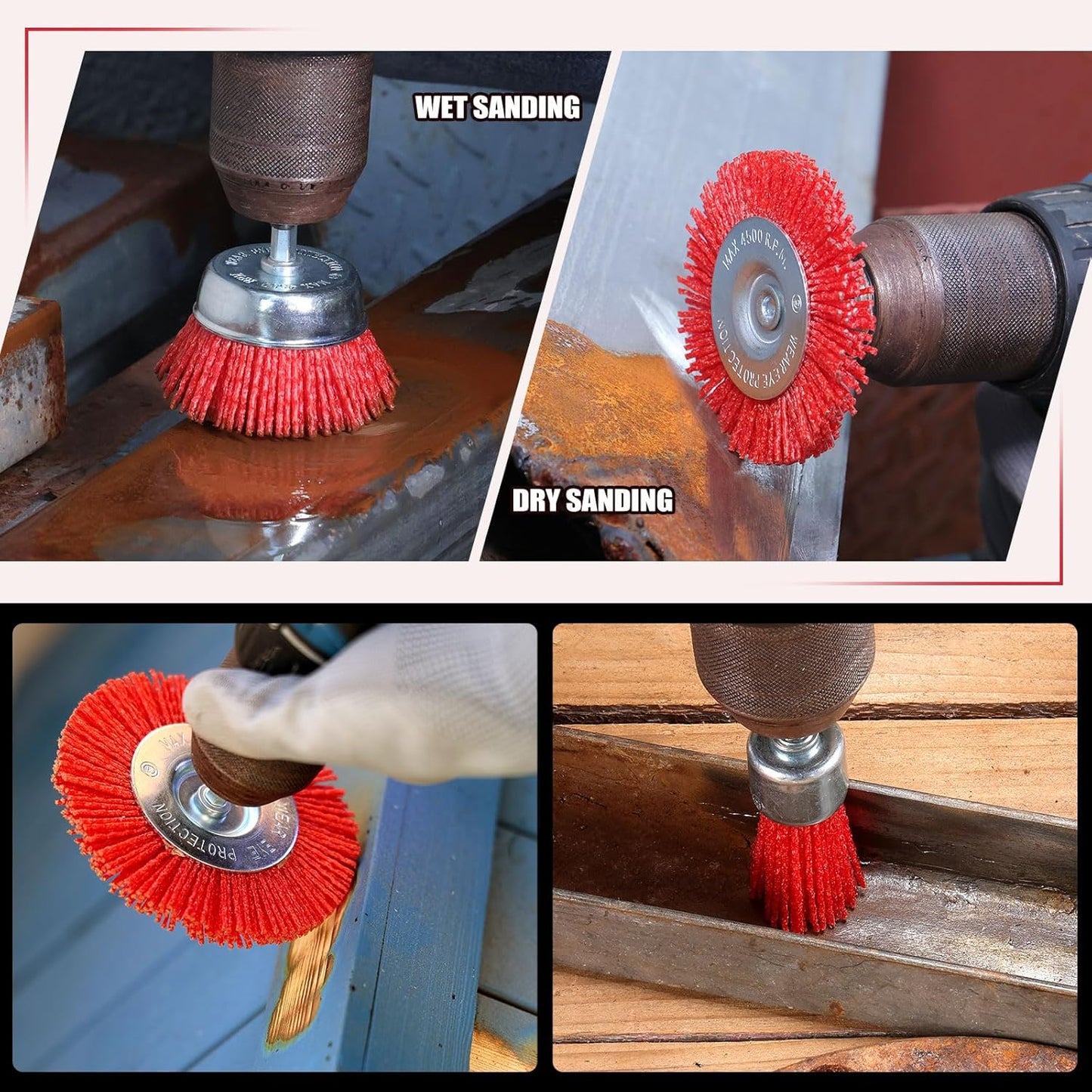 POLIWELL Nylon Abrasive Brush for Drill, 6 Pack Nylon Filament Wire Wheel & Cup Brush Set, 1/4 Inch Hex Shank, 3” and 2.6” Red Coarse Abrasive Bristle Drill Brushes for Paint, Corrosion, Rust Removal