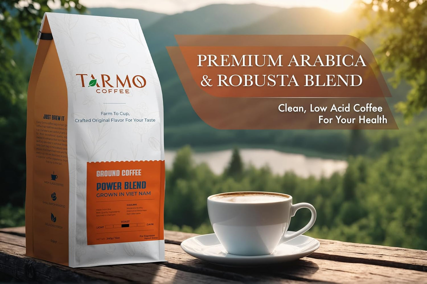 TARMO - POWER BLEND | Low Acid Ground Coffee | Specialty Vietnamese Coffee | Premium Arabica & Robusta Blend, Medium Roast Coffee, 12 Oz Bag