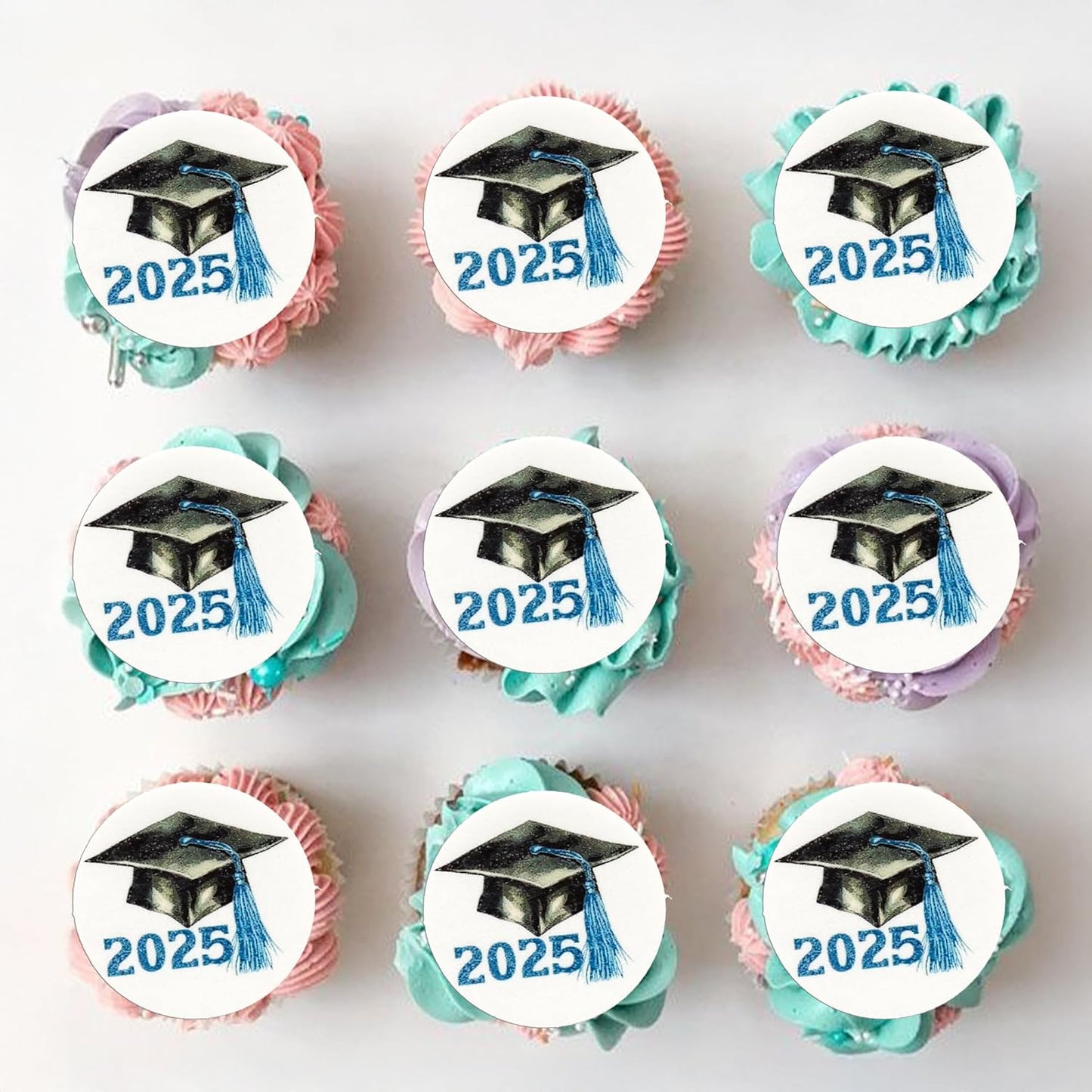Gyufise 48Pcs Edible 2025 Graduation Cap Cupcake Toppers Wafer Paper Class of 2025 Grad Cap Cupcake Picks for 2025 Graduation Theme Party Cake Decorations Supplies Blue