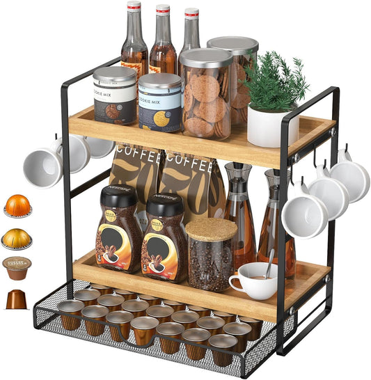 LEMIKKLE 2-Tier Coffee Station Organizer with Pod Holder and Drawer, Kitchen Countertop Organizer, Coffee Bar Accessories Station with Coffee Pod Storage, Coffee Organizer