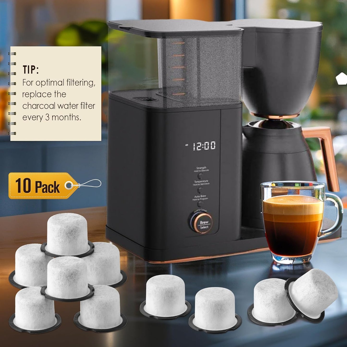 Qualirey 10 Pack Coffee Water Filter Replacement, Compatible with Café and GE Profile Grind & Brew Machine, Charcoal Coffee Filter Cartridges, Replacement for C7CGFLTR, Replace Every 3 Months