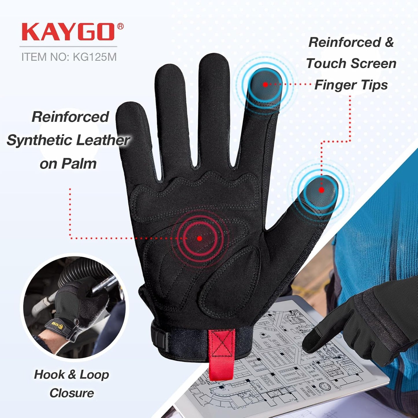 KAYGO Work Gloves For Men, KG125M Mechanic Utility Work Gloves for All Purpose, Excellent Grip, Heavy Duty, Improved Dexterity, Touch Screen,Black,M