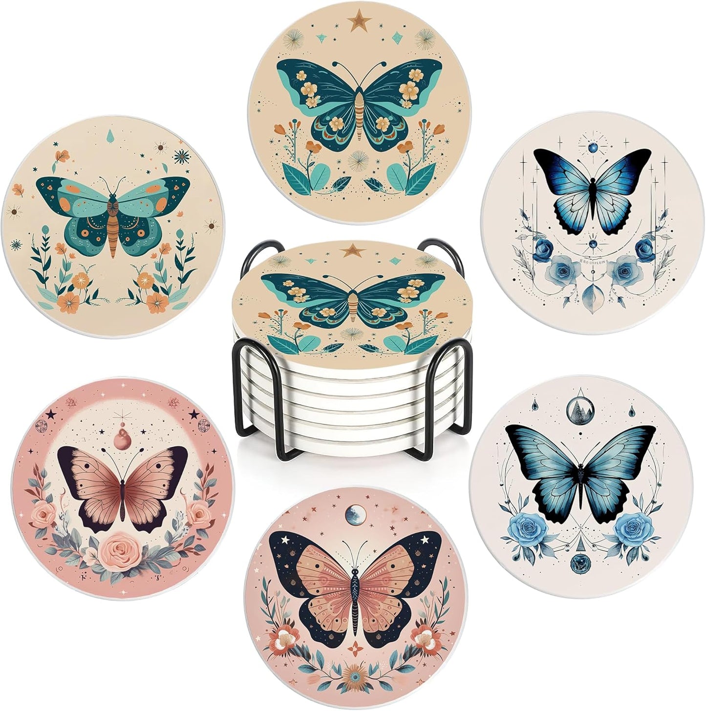 Coaster for Drinks Set of 6, Boho Butterfly Flower Absorbing Round Ceramic Stone Coaster with Cork Base,Tabletop Protection Mat for Mugs and Cups,Coffee Table Wine Glass Home Bar 4 Inch