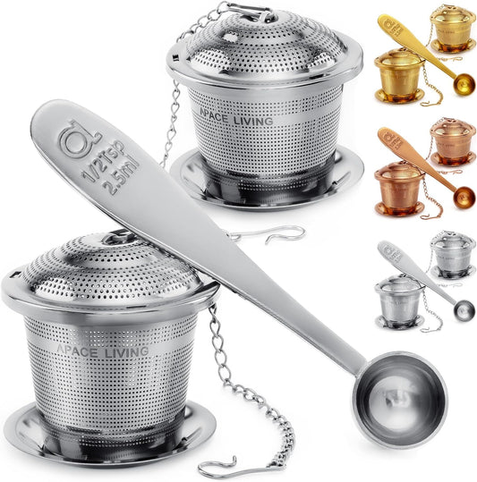 Tea Infuser (Set of 2) with Tea Scoop and Drip Dray - Ultra Fine Tea Strainer for Loose Leaf Tea - Stainless Steel Tea Steeper for a Superior Brewing Experience