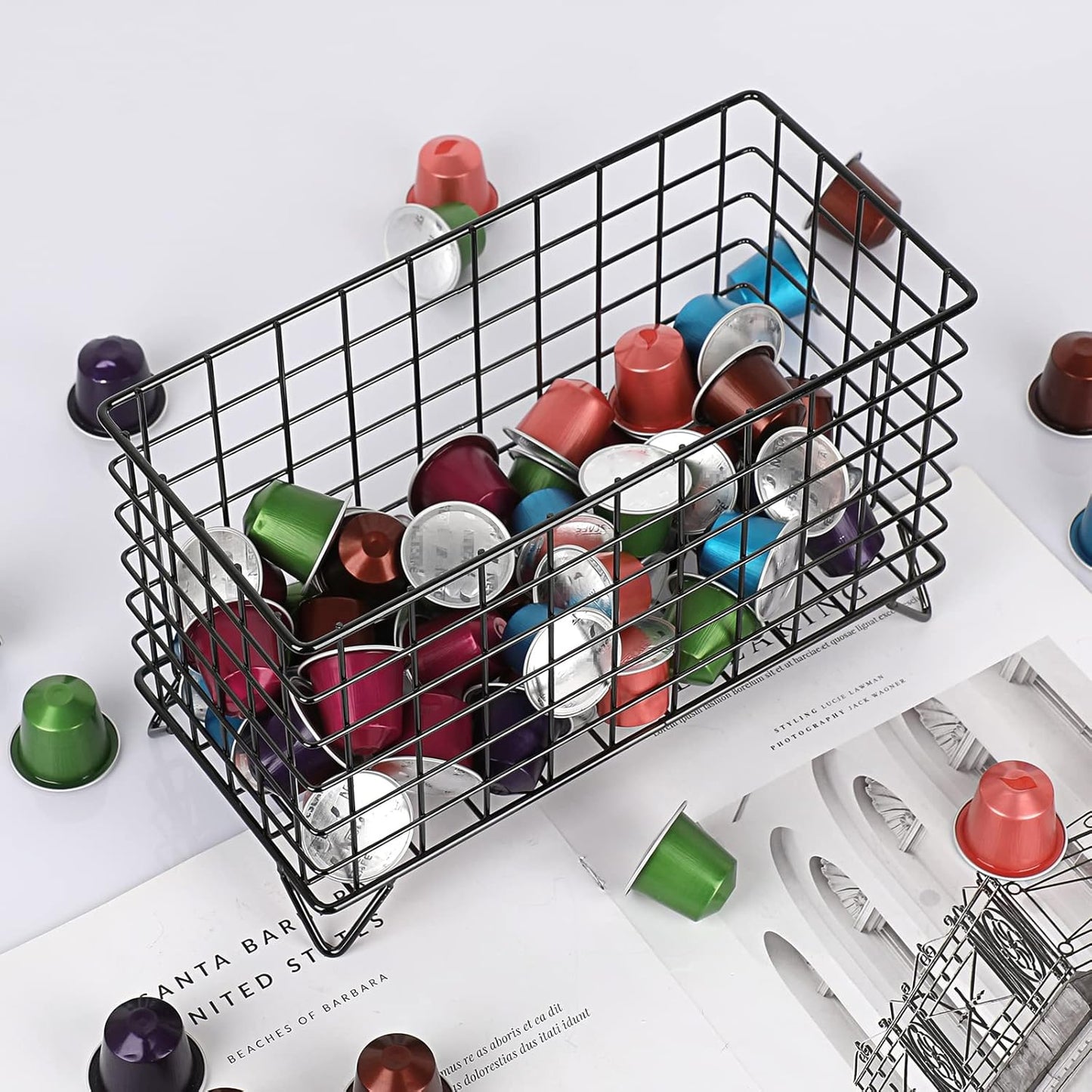 ELLDOO Coffee Pod Holder, Large Capacity Coffee Pod Organizer for K Cup Keuring Espresso Capsule Coffee Creamer, Metal Coffee Pod Storage Basket for Kitchen, Coffee Bar Decor (Black, Large)