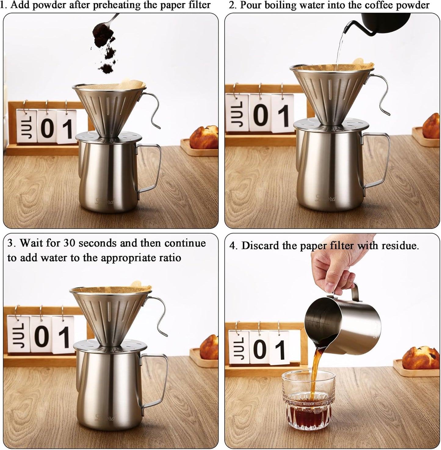 Pour Over Coffee Maker Set, 304 Stainless Steel wIth 100 pcs Size 02 Cone Paper Filters & 600ml Milk Frothing Pitcher, for Home & Camping