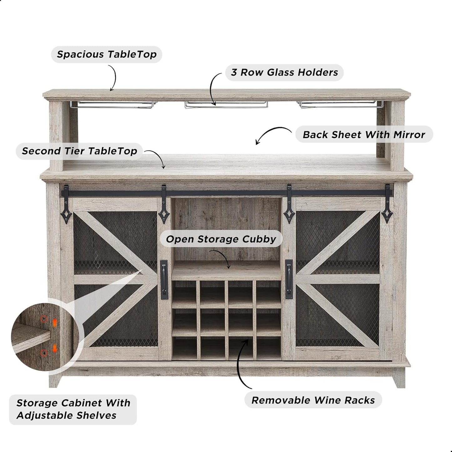 OKD Farmhouse Coffee Bar Cabinet with LED Lights, 55" Wine Bar w/Sliding Barn Door & Wine and Glass Rack, Kitchen Buffet Cabinet w/Storage Shelves for Dining Room,Light Rustic Oak