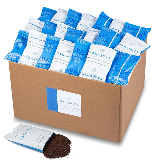 Sarasota Coffee Ground Packets | Colombian Medium Roast | Bulk Packs | Gourmet Columbian Low Acid Mold Free Singles Individual Pouches for 12 Cup Coffee Maker | 1.75 Ounce Bags, 100 Count