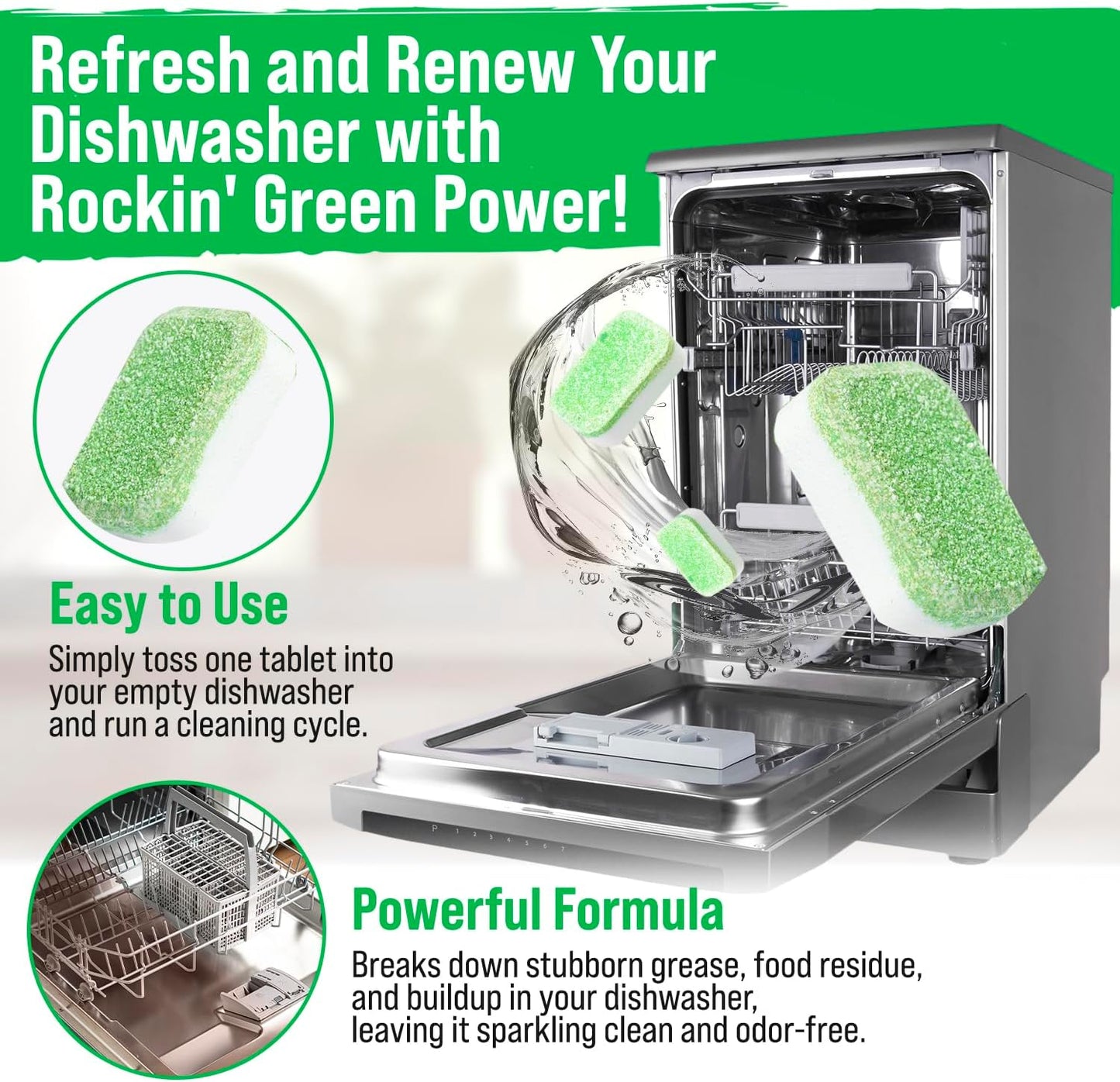 Rockin' Green Dishwasher Cleaner Tablets (8 Pack) - Septic Safe Dishwasher Cleaning Tablets Dishwasher Cleaner and Deodorizer - Dishwasher Remove Build Up with Citric Acid (Sweet Child O'Lime)