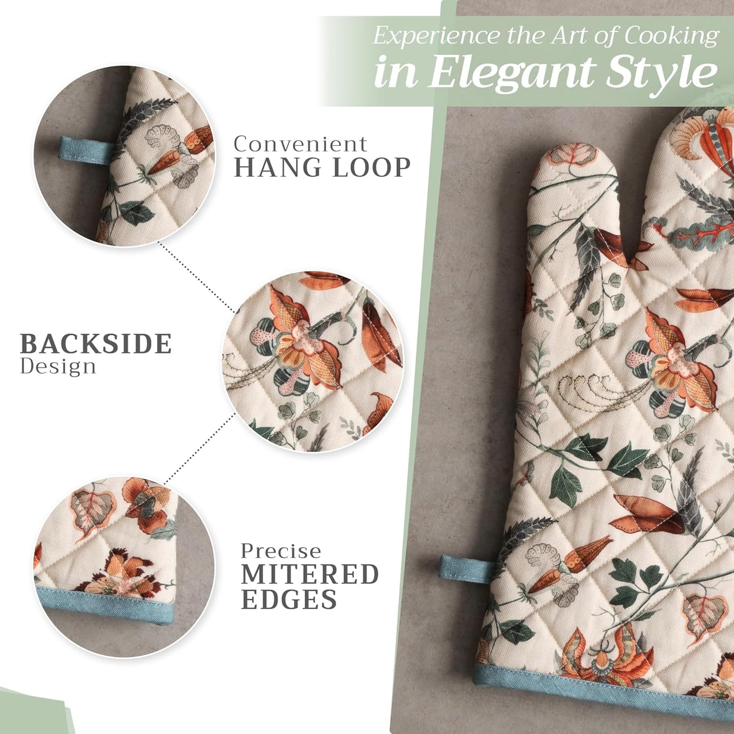 Maison d' Hermine 100% Cotton Oven Mitt & Pot Holder Set (7.5"x13" & 8"x8") Heat Resistant BBQ Cooking Gloves with Loop, Baking, Grilling, Kitchen, Handling Hot Pans (Dalida)