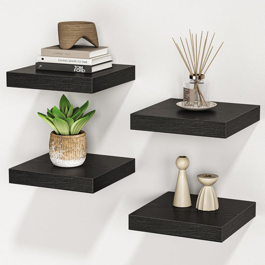 Square Floating Shelves for Wall, 8" W x 8" D x 1.2" H, Small Wooden Wall Mounted Display Shelves with Invisible Brackets for Living Room, Bedroom, Bathroom, Kitchen Decor, Set of 4, Black