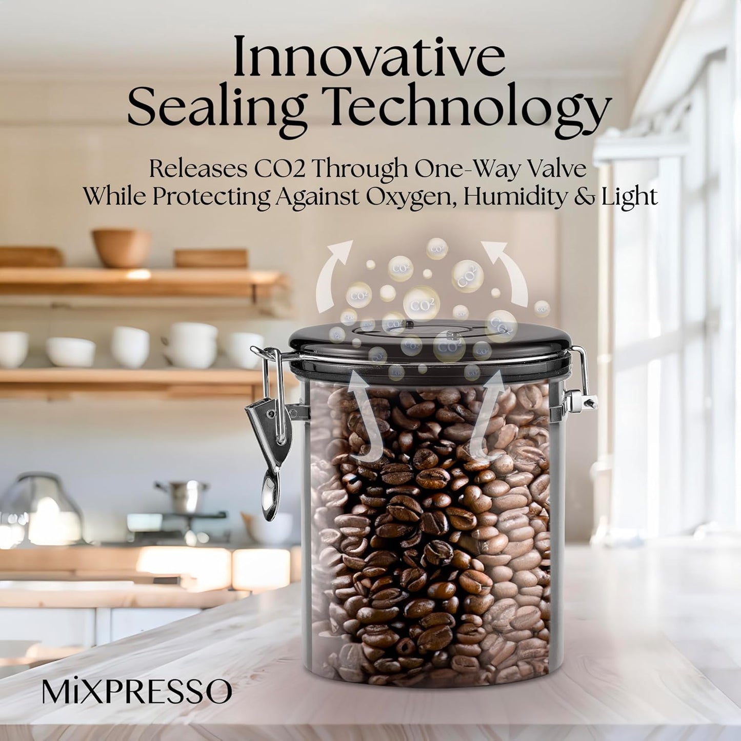 Mixpresso 16 Oz Coffee Canister with Scoop, Stainless Steel Airtight Coffee Container, Air tight Jar Tea Storage with Date Tracker, Vacuum Sealed Espresso Airtight Canister, Sugar Container for Home