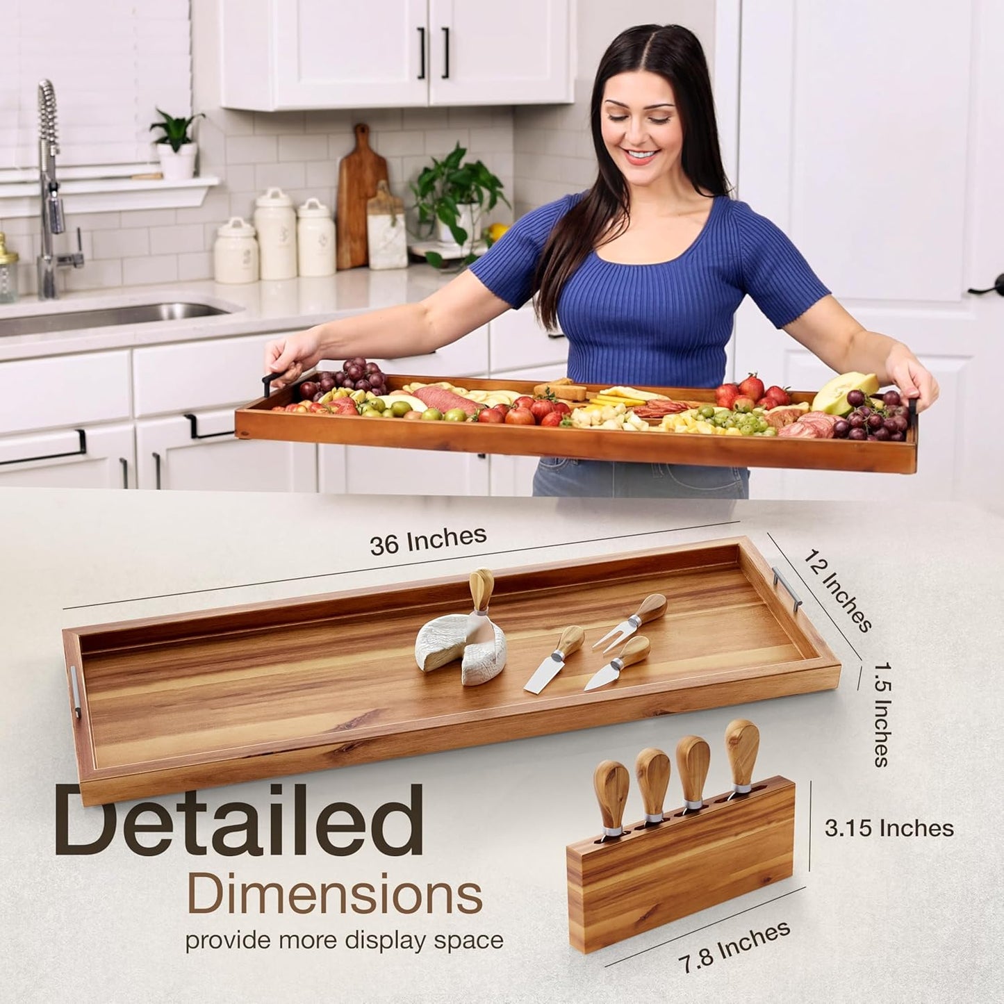 Acacia 36 Inch Large Charcuterie Boards for Party with Cheese Knife Set of 4 – Acacia Wood Serving Tray with Handles, Long Charcuterie Board, Wooden Cheese Board