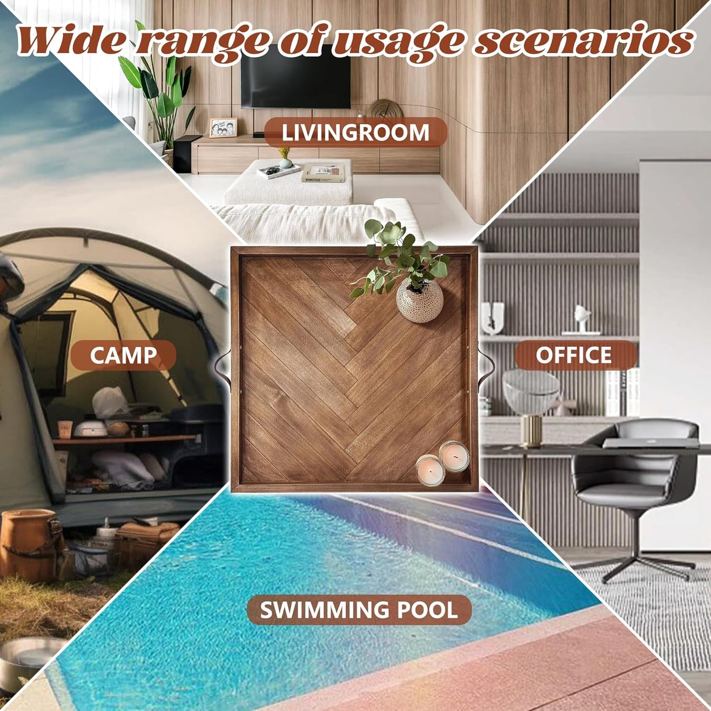 Tray for Ottoman 24 x 24 Inches, Square Ottoman Trays, Large Wooden Tray with Leather Handles, Food Serving Trays for Dinner, Breakfast, Snacks