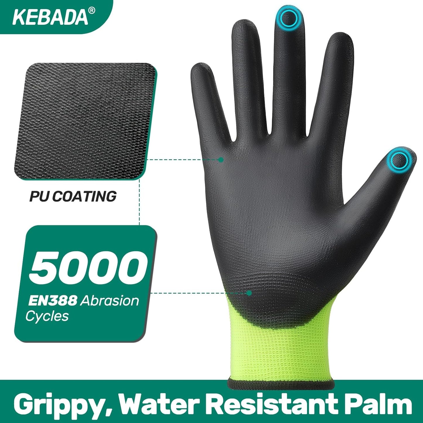 Kebada W1 Work Gloves for Men and Women, PU Coated Safety Gloves with Grip, Touchscreen, Ideal for Warehouse Package Handling, Construction, Gardening, Green Medium
