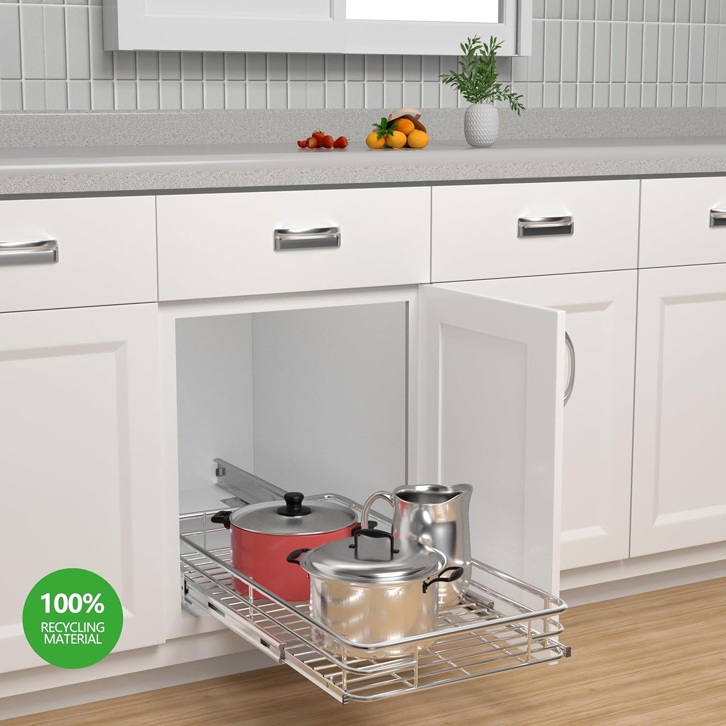 Heavy-Duty Premium Slide Out Shelves, Metal Roll Out Shelves for Kitchen Cabinets, Anti-Rust Chrome Finish (17" W x 21" D)