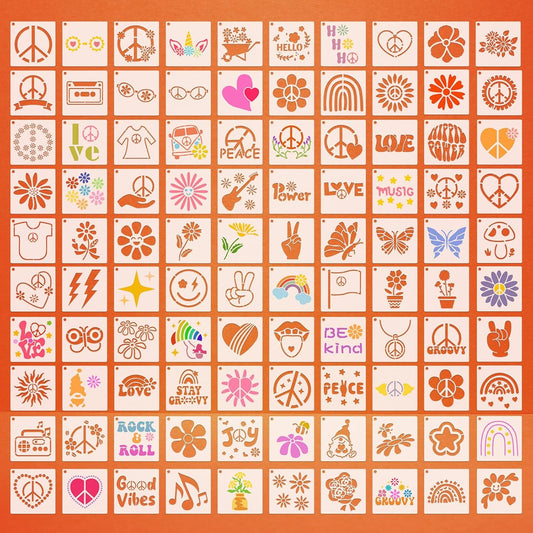 Fainne 100 Pcs Stencils for Painting on Wood Reusable Stencil Crafts Drawing Templates Holiday Wall Paper for DIY Scrapbook Home 2 x 2 Inch (Groovy Party)