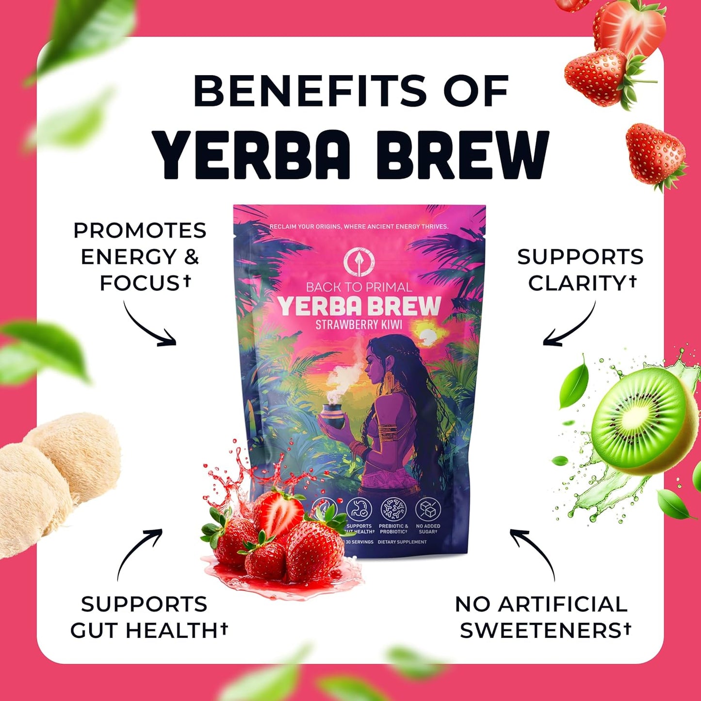 Yerba Mate Instant Tea Powder - Strawberry Kiwi, 4-in-1 Functional Blend, Supports Energy, Focus and Gut Health - Nootropic, Prebiotic & Probiotic Mix with Vitamin B3, B6 & B12 | 30 Servings