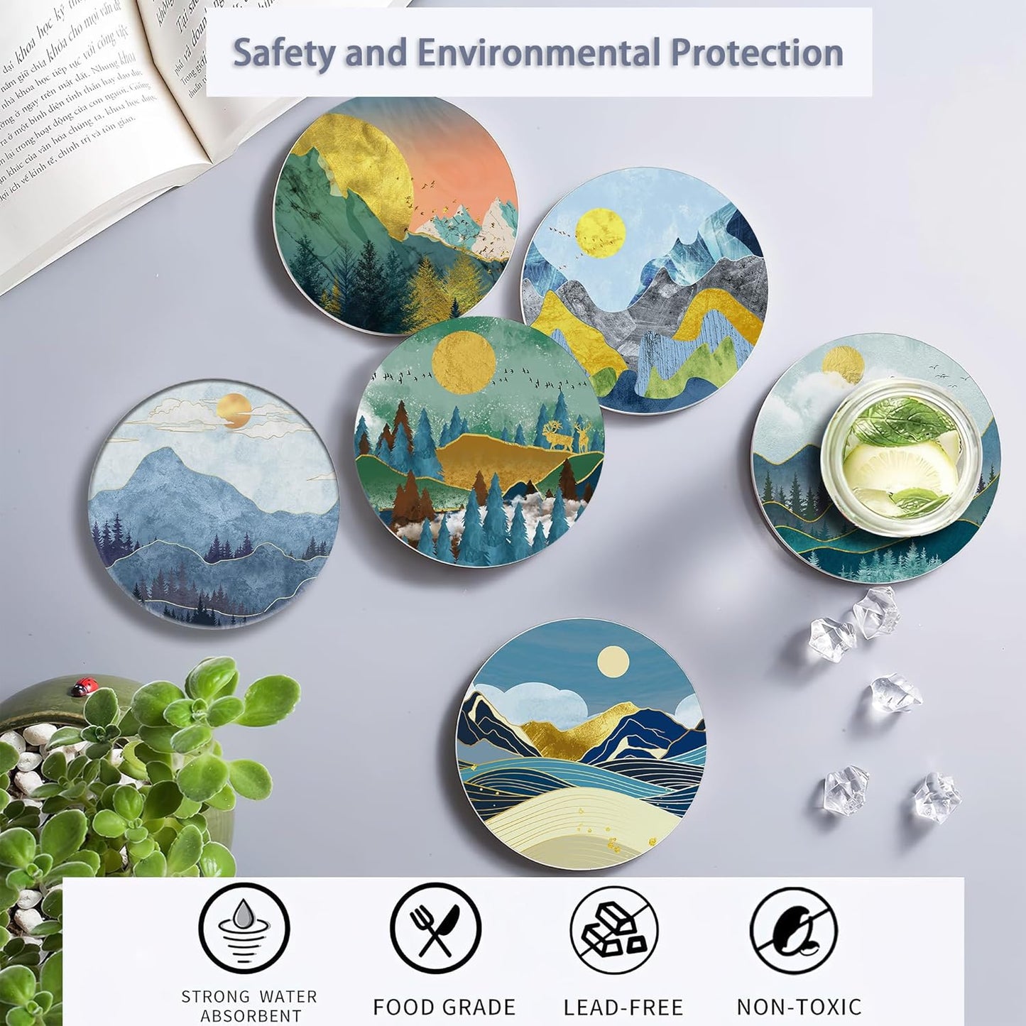 6 Pcs Coasters for Drinks with Holder, Abstract Mountain Sun Absorbent Ceramic Coasters with Cork Base,Cute Funny Table Drinks Coasters Tabletop Protection Mat,Table Home Decor,4 Inches