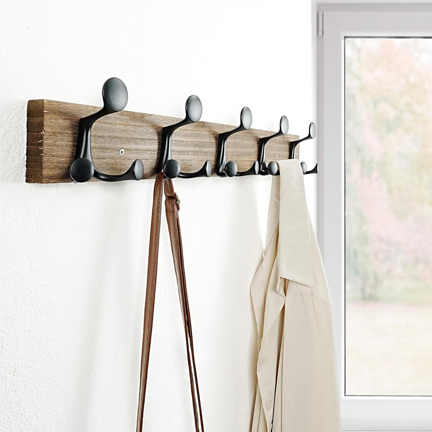 SKOLOO 24-Inch Wood Burnt Coat Rack Wall Mount with 5 Triple Hooks - Ideal for Family Entrances, Classrooms, and Pet Supplies Storage - Perfect Coat Hooks for Wall