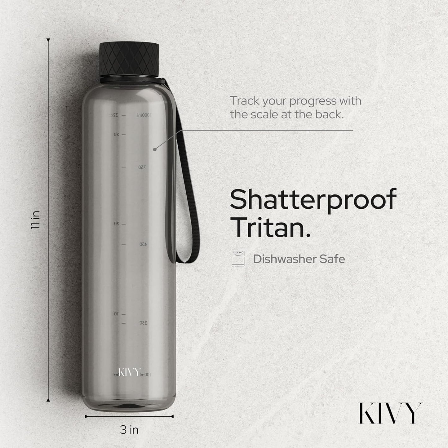 KIVY Slim Water Bottle 32oz [Lightweight & Shatterproof] Fits Backpack & Cupholder for Travel, Sports, School, Gym - Clear water bottle with measurements - Transparent Tritan Black - Dishwasher Safe