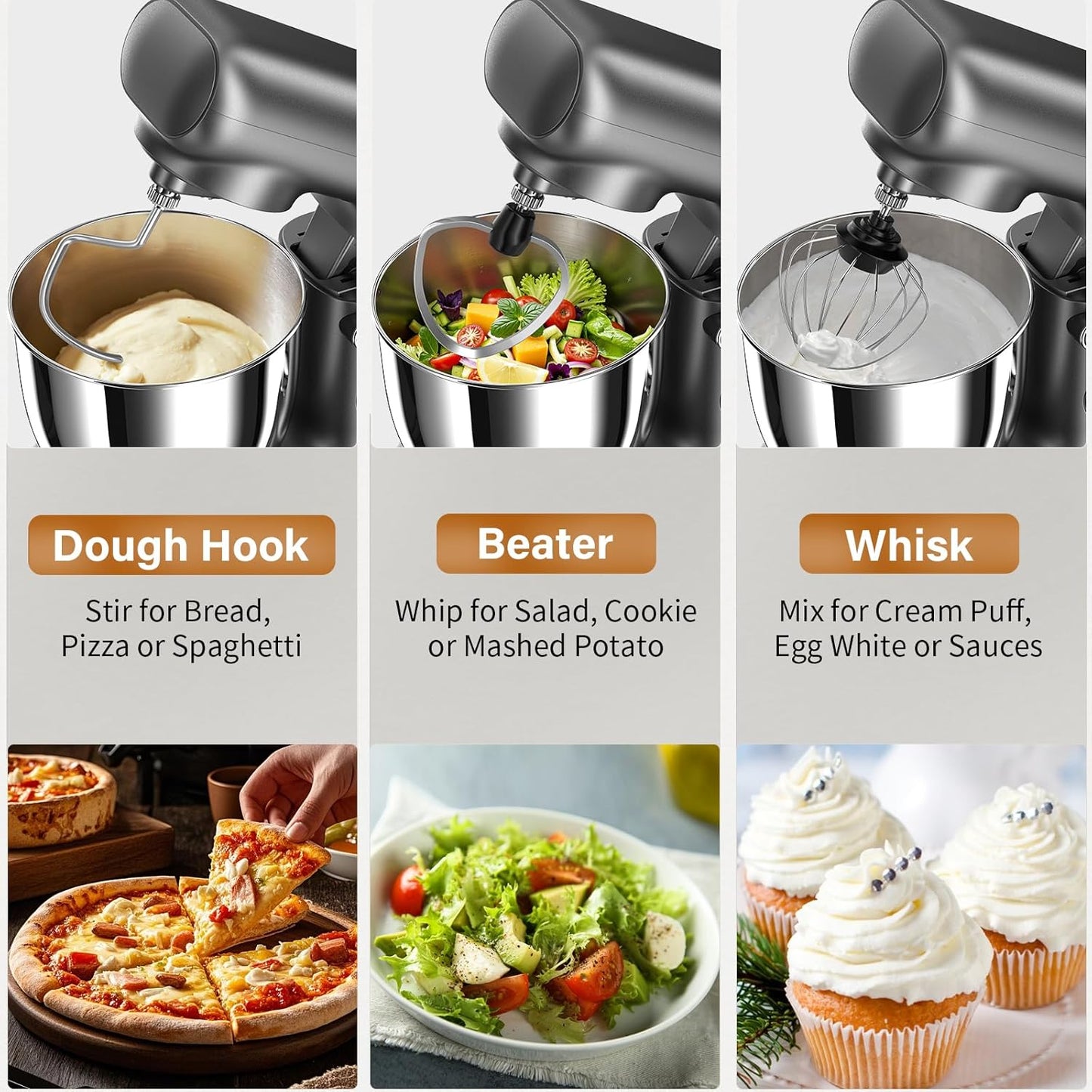 Stand Mixer with 3QT+3.5QT Dual Bowls, 10-Speed Electric 300W Food Mixer - Includes Egg Whisk, Dough Hook & Flat Beater for Home Baking & Daily Cooking (GraySilver)