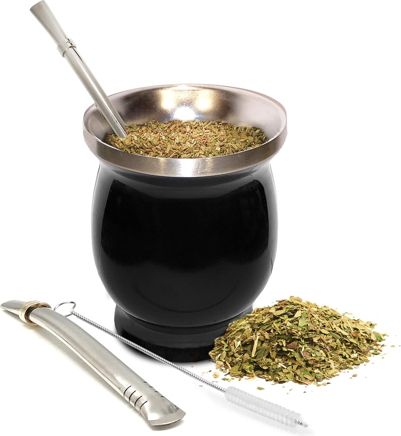 Norte Yerba Mate Cup Kit, 8-Ounces Traditional Mate Tea Cup/Gourd Set | Includes 2 Bombillas (Yerba Mate Straw) & Cleaning Brush, Stainless Steel Cup, Double-Walled, Easy to Clean | Black